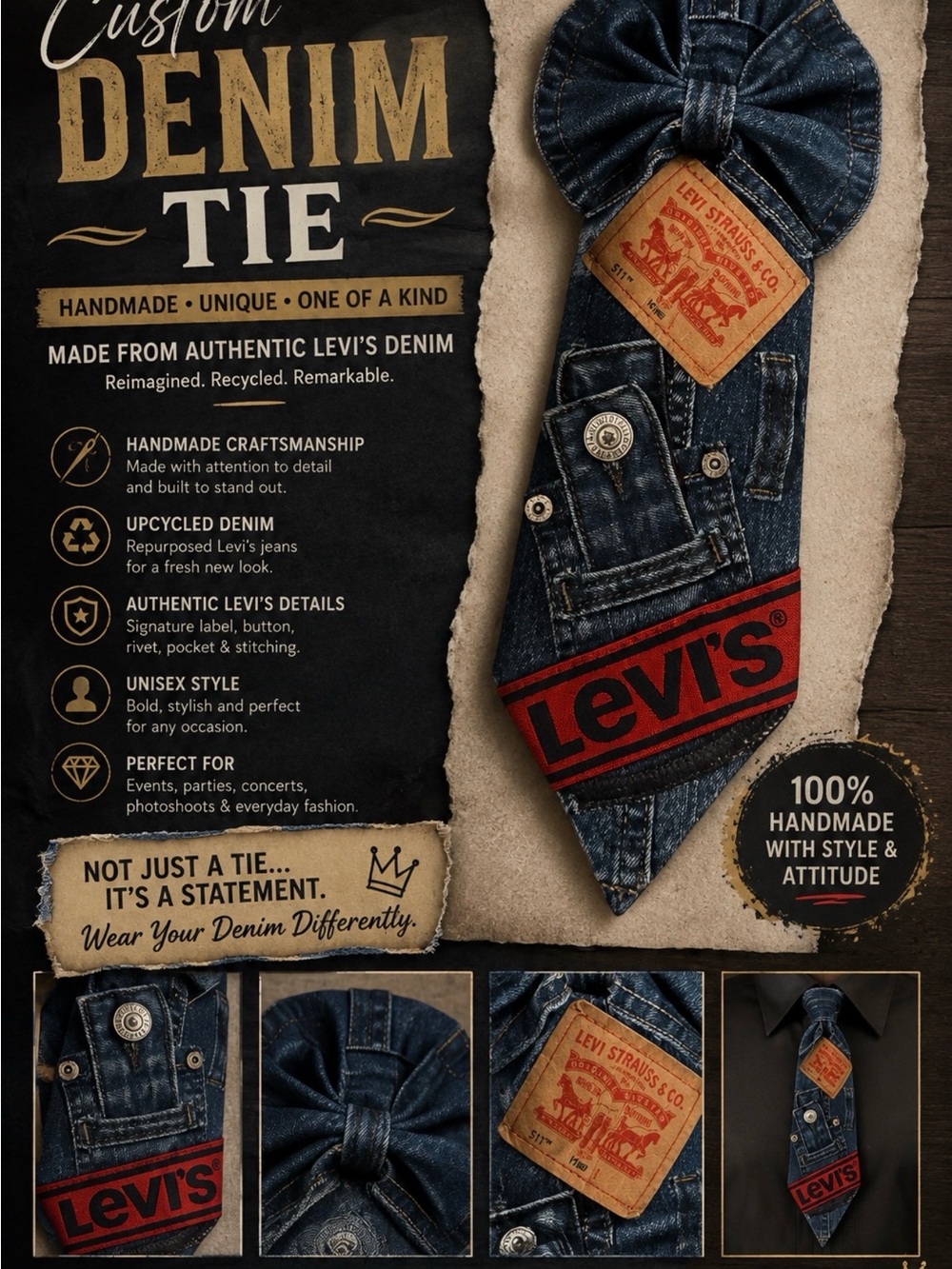 Levi's Blue Denim Tie with Red Logo
